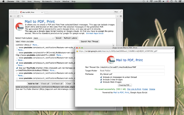 Screenshot of Mail to PDF, Print