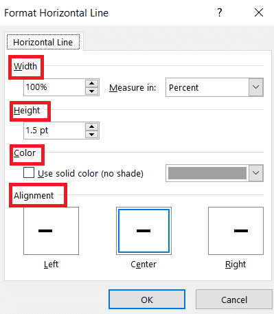 Cambie la altura, el ancho, el color y la alineación desde el cuadro de diálogo Formato de línea horizontal.