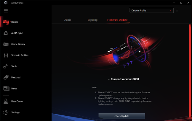 ASUS ROG Delta: Firmware-update wordt gedaan vanuit de Armory Crate-app