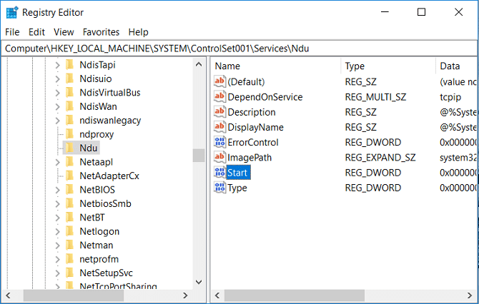 ดับเบิลคลิกที่ Start in Ndu Registry Editor