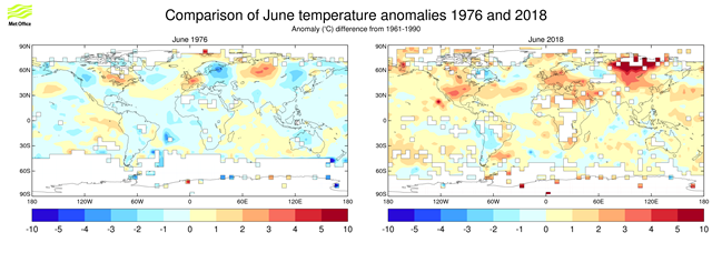 Comparison of 1976 and 2018 June temperature anomalies, based on Met Office HadCRUT4 data set. Graphic: Met Office