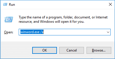 Naciśnij klawisz Windows + R, a następnie wpisz winword.exe a i naciśnij Enter otwórz MS Word