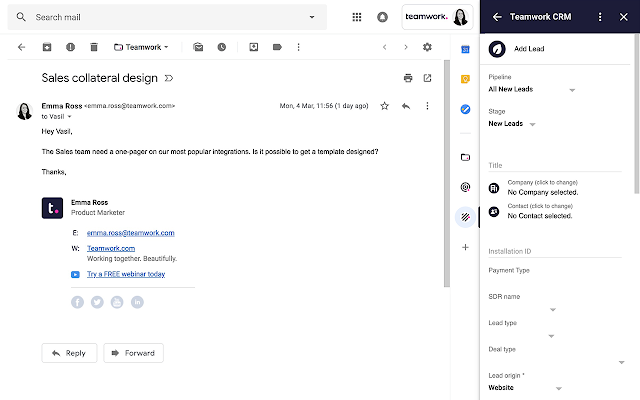 Screenshot of Teamwork CRM for Gmail