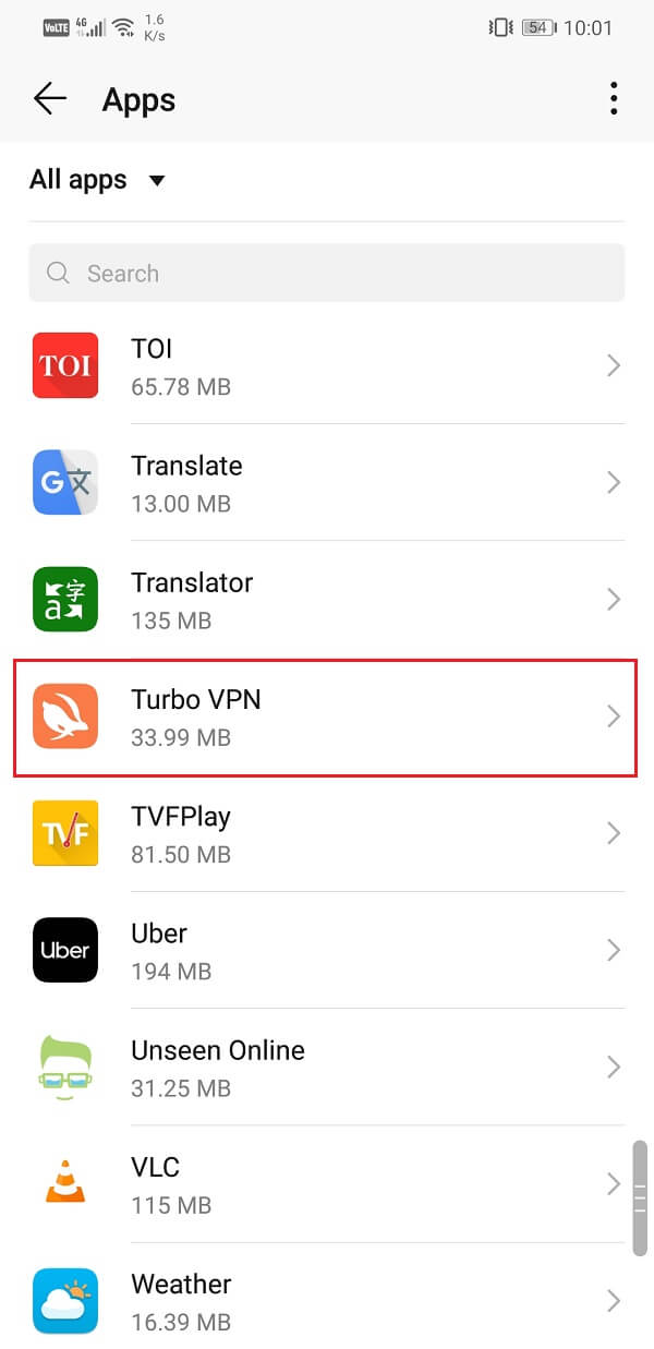 Tìm kiếm ứng dụng VPN và nhấn vào ứng dụng đó để mở cài đặt ứng dụng |  Khắc phục sự cố VPN không kết nối trên Android