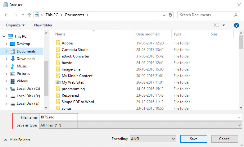 Seleccione la ubicación deseada y luego nombre el archivo como BITS.reg y haga clic en Guardar