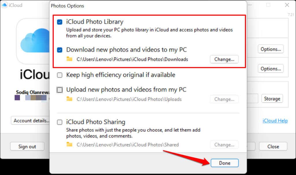 检查 iCloud 照片库并将新照片和视频下载到我的 PC — 选择完成以继续