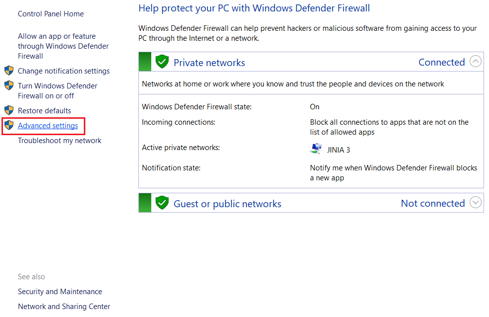 kliknij ustawienia zaawansowane w Zaporze Windows Defender