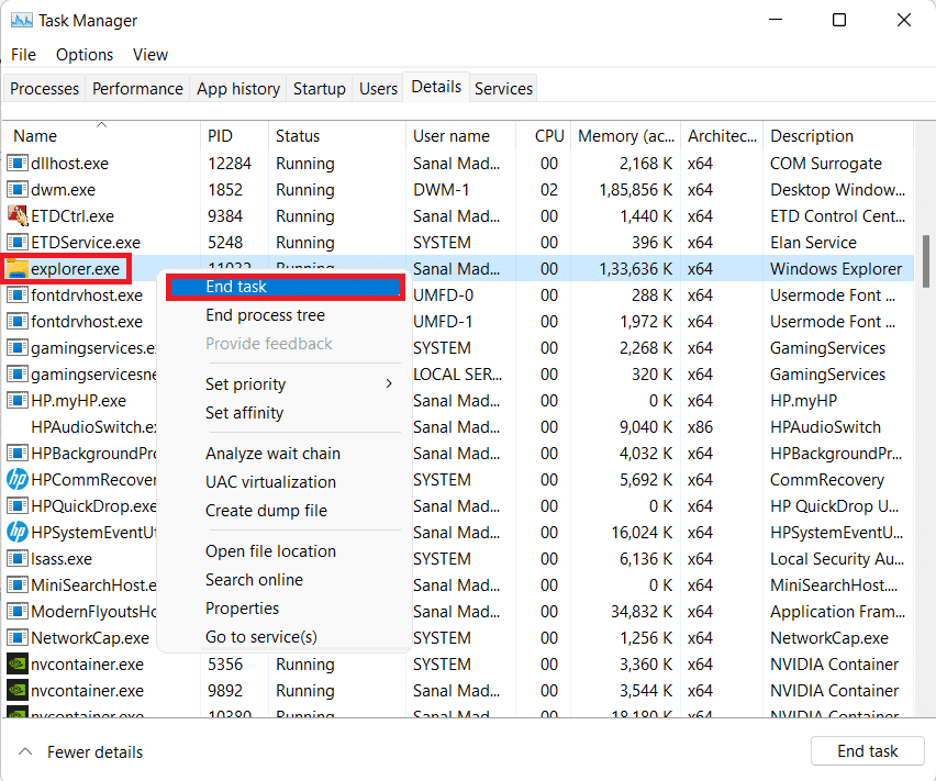 Karta Podrobnosti ve Správci úloh.  Jak opravit nefunkční hlavní panel Windows 11