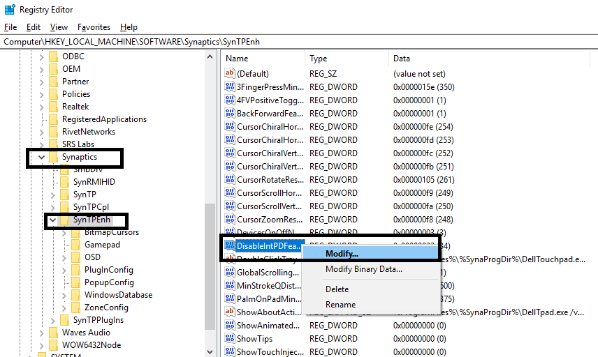 Navigeer naar het pad HKEY_LOCAL_MACHINE-SOFTWARE-Synaptics-SynTPEnh