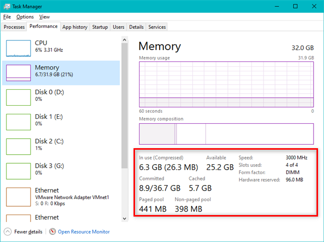 ส่วนหน่วยความจำให้รายละเอียดเกี่ยวกับการใช้งานและข้อมูลจำเพาะของ RAM