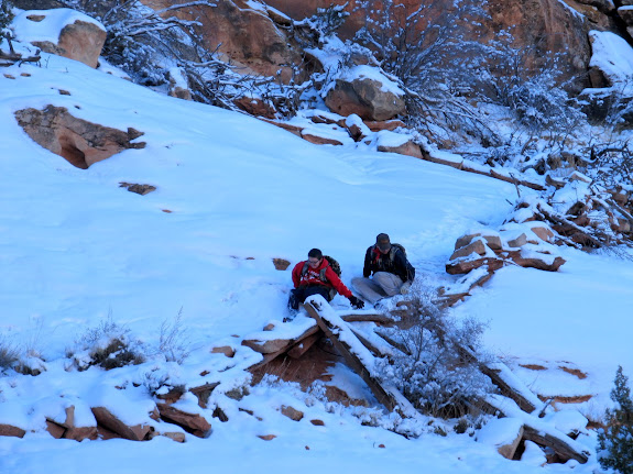 Wade and son descending a sketchy part of the trail