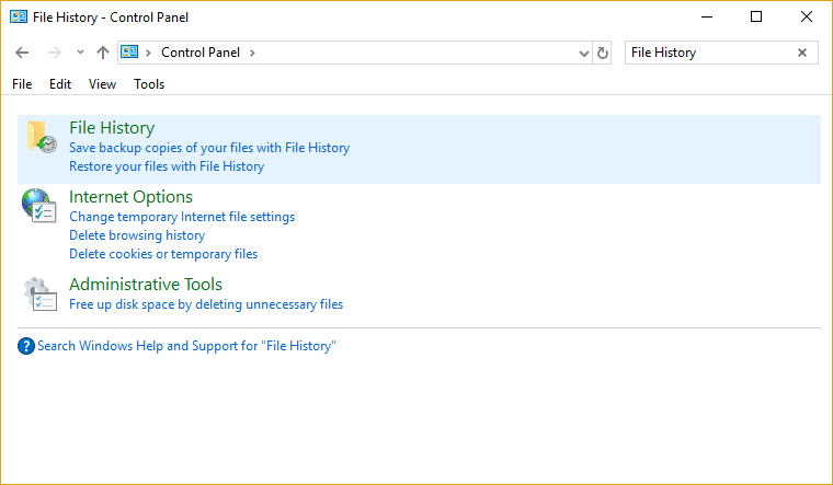 Escriba Historial de archivos en la búsqueda del Panel de control y haga clic en el resultado de la búsqueda