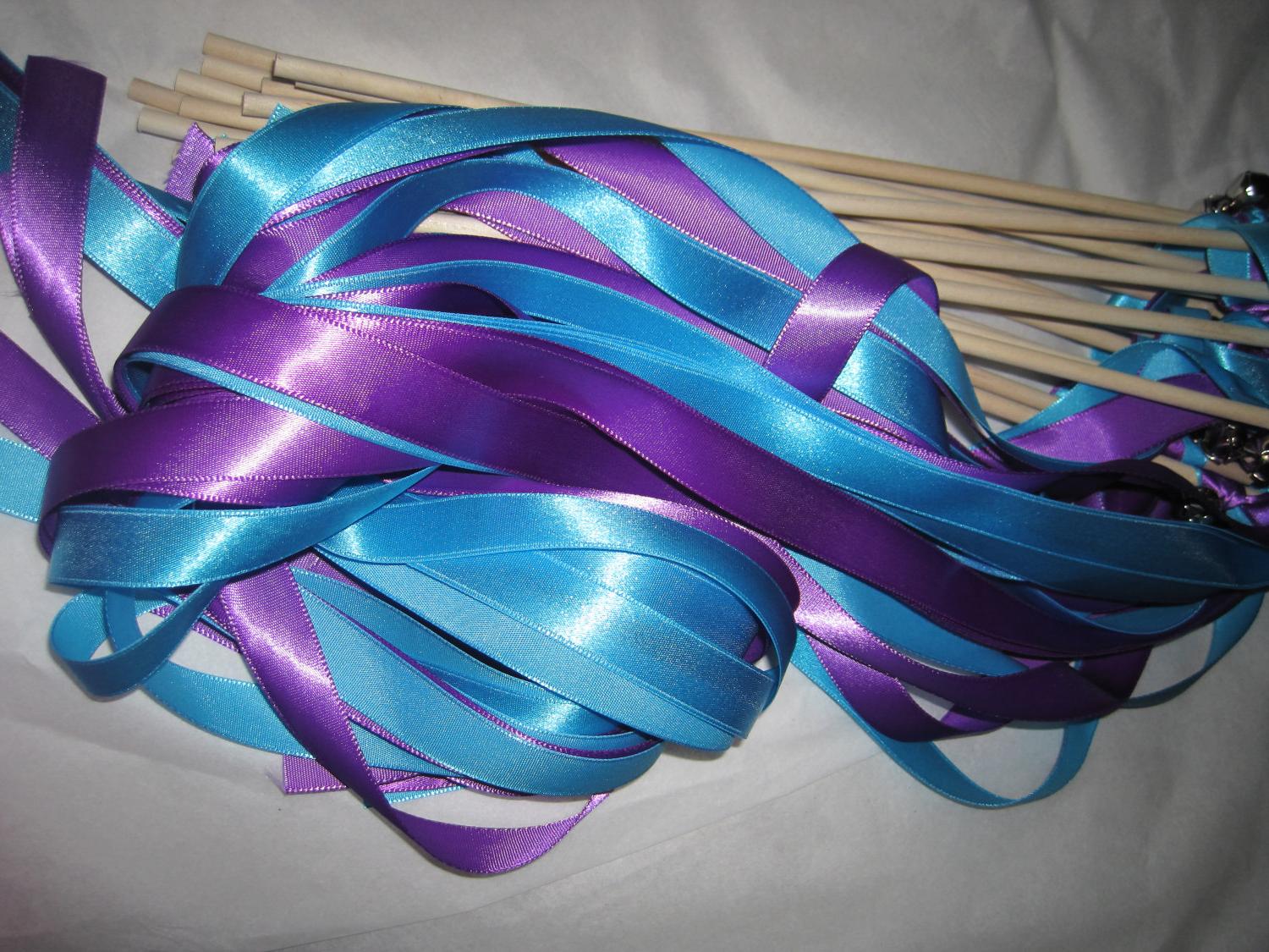 50 Wedding Wands Bride Ribbon Wands Sticks Agean Blue & Purple Bells