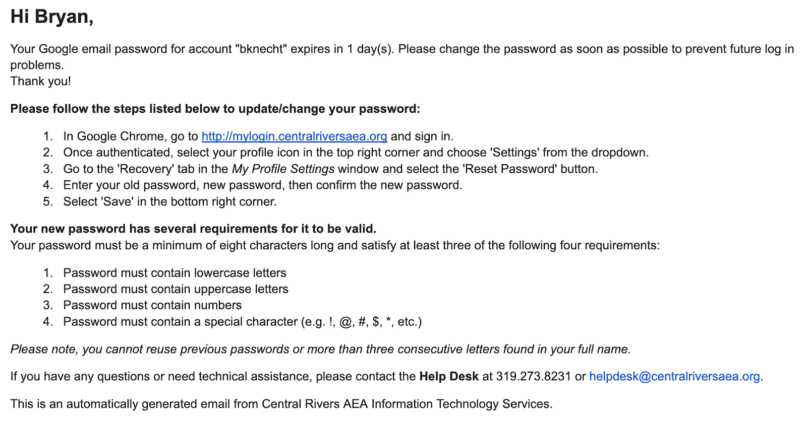 Sample email prompting for you to update your password.