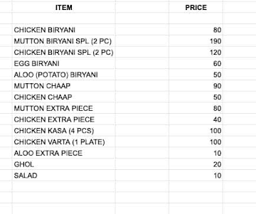 Simla Golden Biriyani menu 