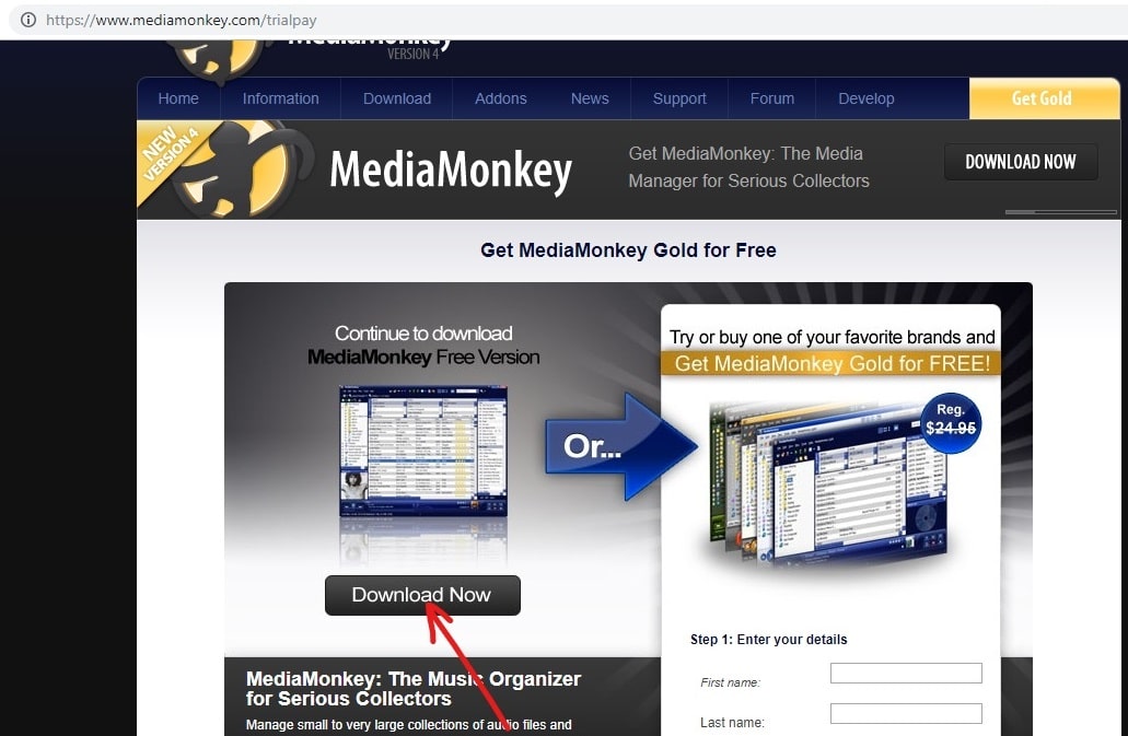 Open de website MediaMonkey en klik op downloaden