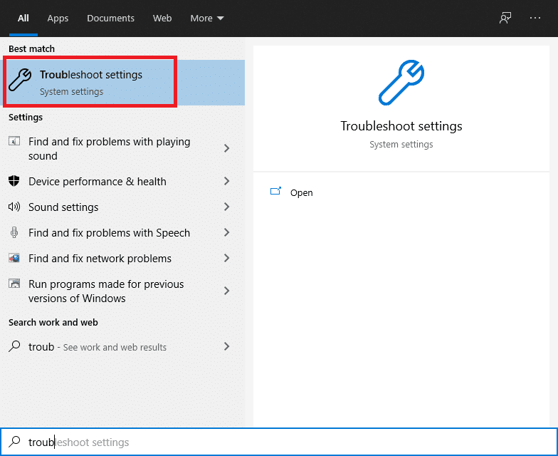 En el cuadro de diálogo, escriba solucionar problemas y haga clic en el primer resultado que aparece |  Solucione fácilmente el error de actualización de Windows 80072ee2