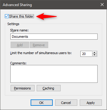 Comparta esta configuración de carpeta en la ventana Uso compartido avanzado