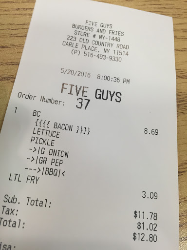 Fast Food Restaurant «Five Guys», reviews and photos, 223 Old Country Rd, Carle Place, NY 11514, USA