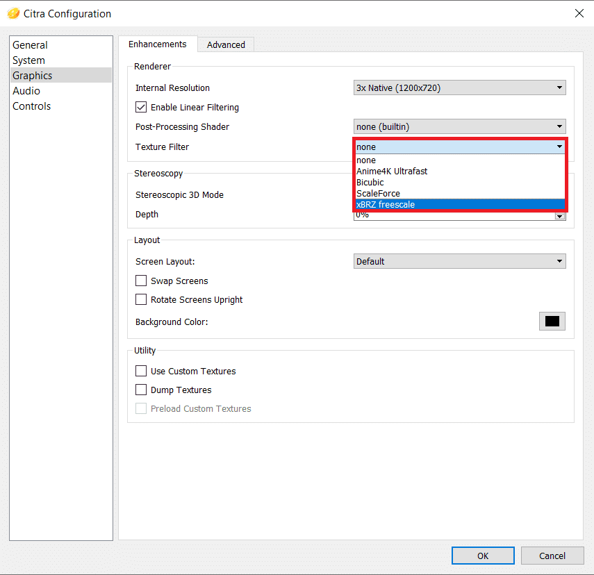 Ahora, elija el filtro de textura de su menú desplegable.  cómo usar el emulador de Citra