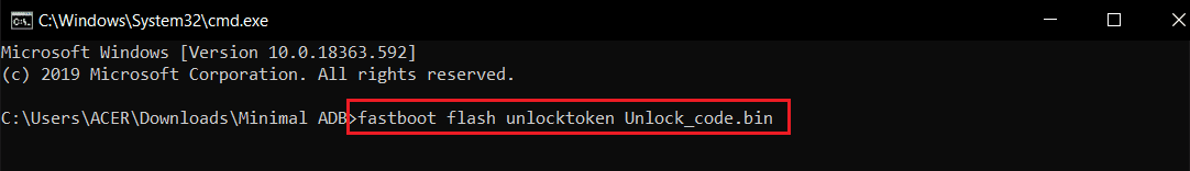 fastboot flash unlocktoken Sblocca il comando code.bin in cmd o prompt dei comandi