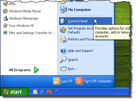 Mở Bảng điều khiển trong Windows XP