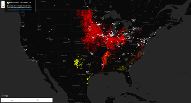 U.S. map detailing when and where the herbicide dicamba can now be used, relative to the monarch butterfly migration. Graphic: Center for Biological Diversity