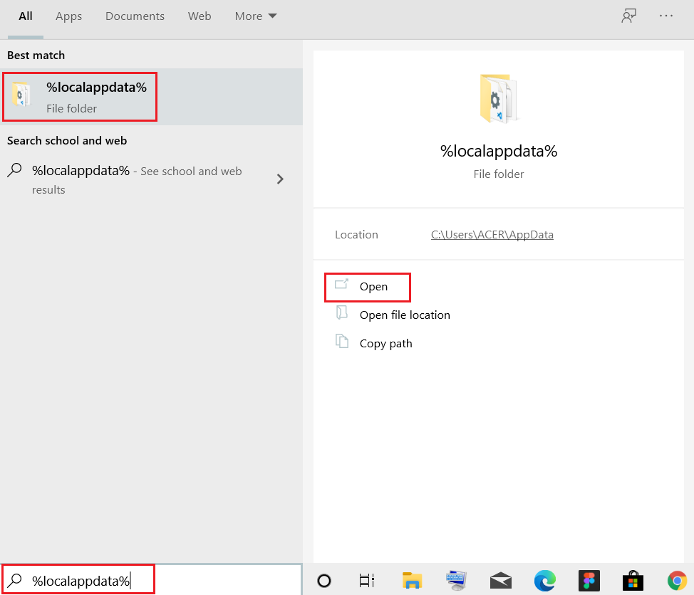 digita localfiledata e fai clic su Apri nella barra di ricerca di Windows