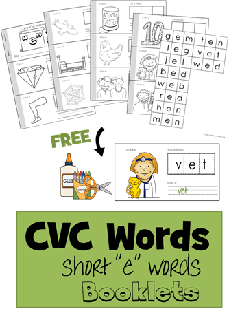 FREE CVC Short e vowel word booklets for preschool, prek, kindergarten, and first grade to cut and paste, write and color. These are such a fun way for kids to practice sounding out and spelling with an emergent reader type book. FREE CVC Short e vowel word booklets for preschool, prek, kindergarten, and first grade to cut and paste, write and color. These are such a fun way for kids to practice sounding out and spelling with an emergent reader type book.