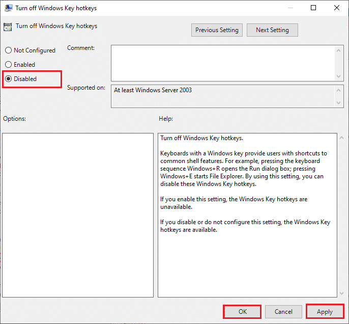 seleccione la opción Desactivado para desactivar las teclas de acceso rápido de Windows configurando el editor de políticas de grupo local