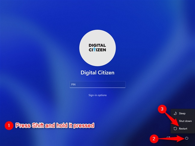 Reinicie mientras presiona Shift en la pantalla de inicio de sesión de Windows 11