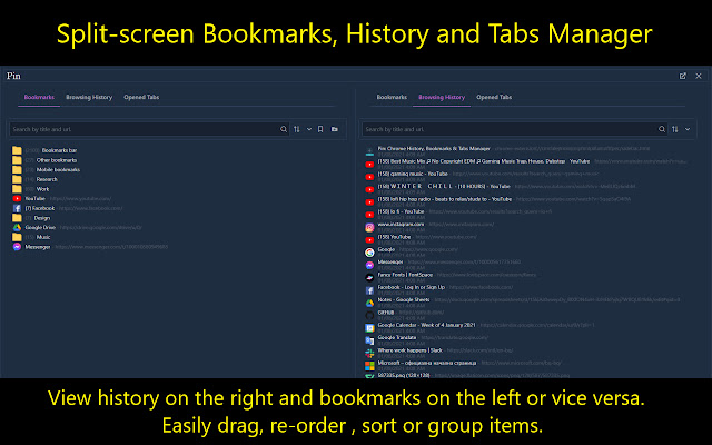 Pin: History, Bookmarks & Tabs Manager chrome extension