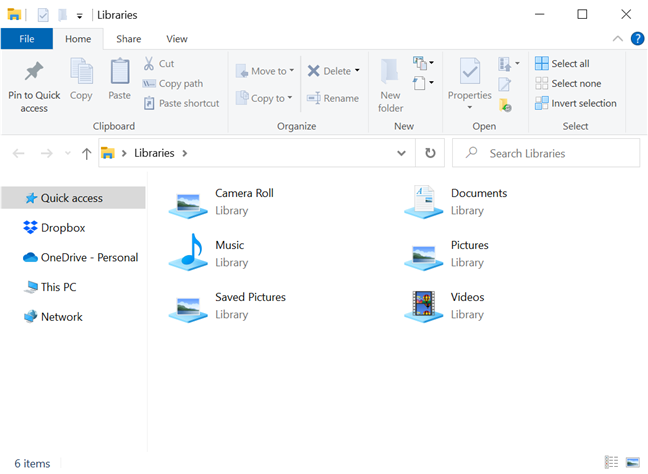 Abra las bibliotecas ocultas de Windows 10