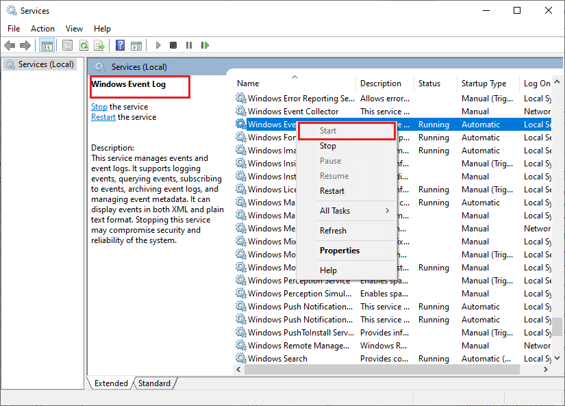 Als de Status niet is ingesteld op Actief, klikt u met de rechtermuisknop op de service en selecteert u de optie Start