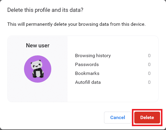 riceverai un messaggio visualizzato, Ciò cancellerà definitivamente i tuoi dati di navigazione da questo dispositivo.  Procedi facendo clic su Elimina.