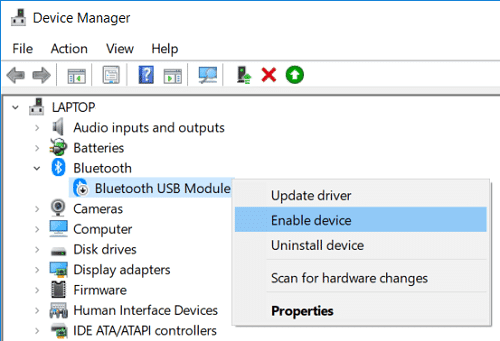 คลิกขวาที่อุปกรณ์ Bluetooth จากนั้นเลือก Enable device