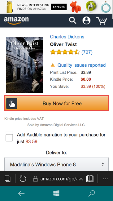 Amazon Kindle-app, Windows 10 Mobile