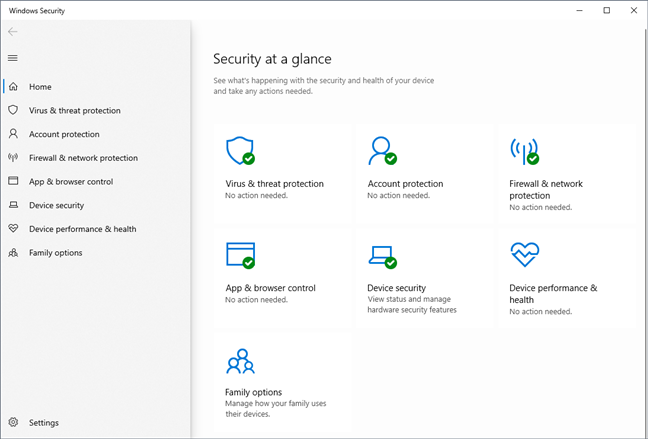 L'app di sicurezza di Windows in Windows 10