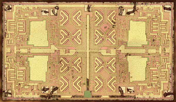 Die photo of the TL084 op amp with the bond wires removed.