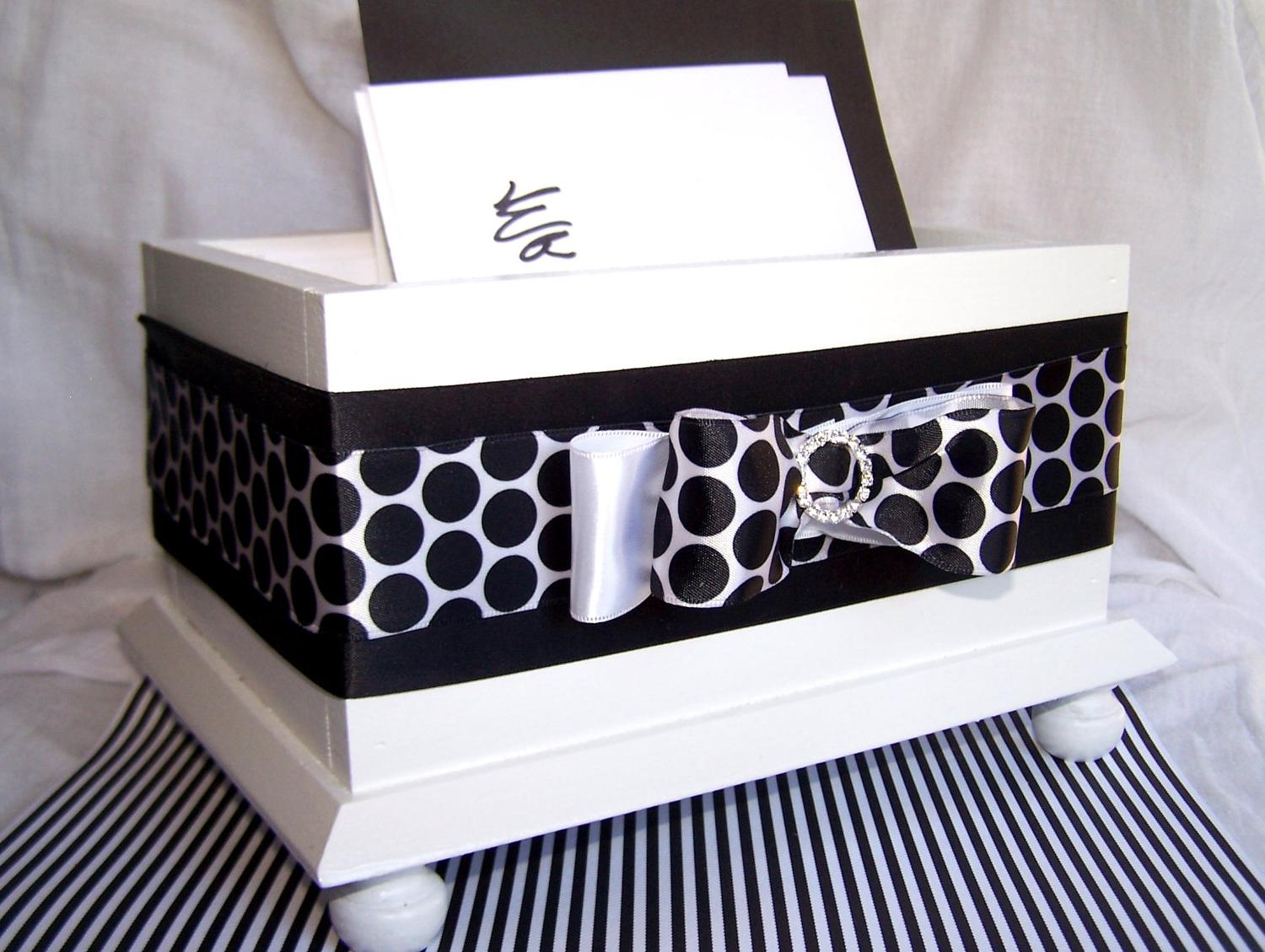 Wedding Card BOX - Black and White Polka Dots, Bow with Rhinestone Buckle,