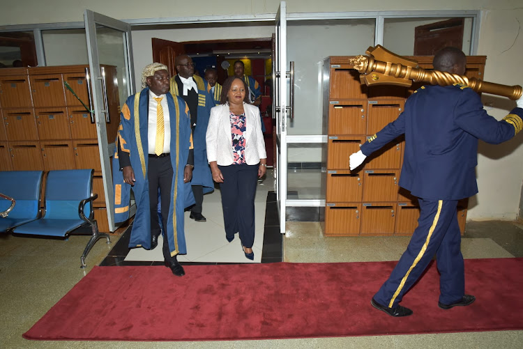 Governor Ann Waiguru in the company of assembly speaker Murimi Muteti and other assembly officials during the official opening of the third county assembly.