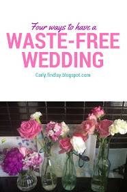 Four bottles containing pink and purple flowers. Text: four ways to have a waste-free wedding 