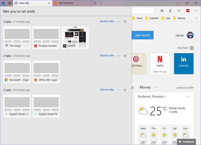 Windows 10, Microsoft Edge, metti da parte, schede