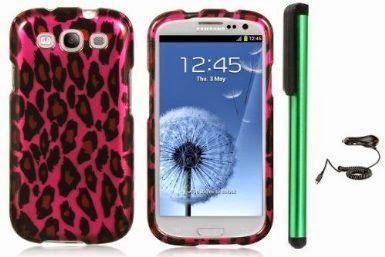  SAMSUNG GALAXY S III S3 combination - Premium Pretty Design Protector Hard Cover Case / Car Charger / 1 of New Assorted Color Metal Stylus Touch Screen Pen (Black Leopard On Hot Pink)