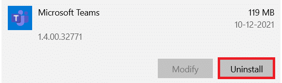 Haga clic en Microsoft Teams y luego haga clic en Desinstalar.