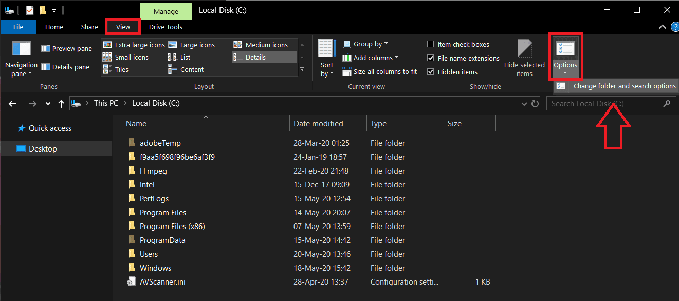 Passez à l'onglet Affichage et cliquez sur Options à la fin du ruban.  Sélectionnez "Modifier le dossier et les options de recherche"