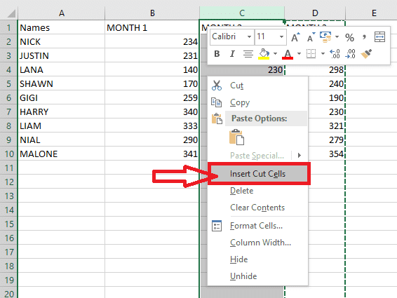 selezionare la colonna prima della quale si desidera inserire la colonna tagliata e quindi fare clic con il pulsante destro del mouse sulla colonna selezionata