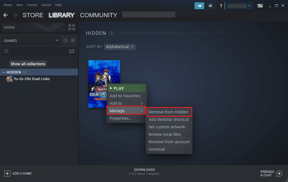 Haz clic en Quitar de oculto para mover el juego de vuelta a la biblioteca de Steam.