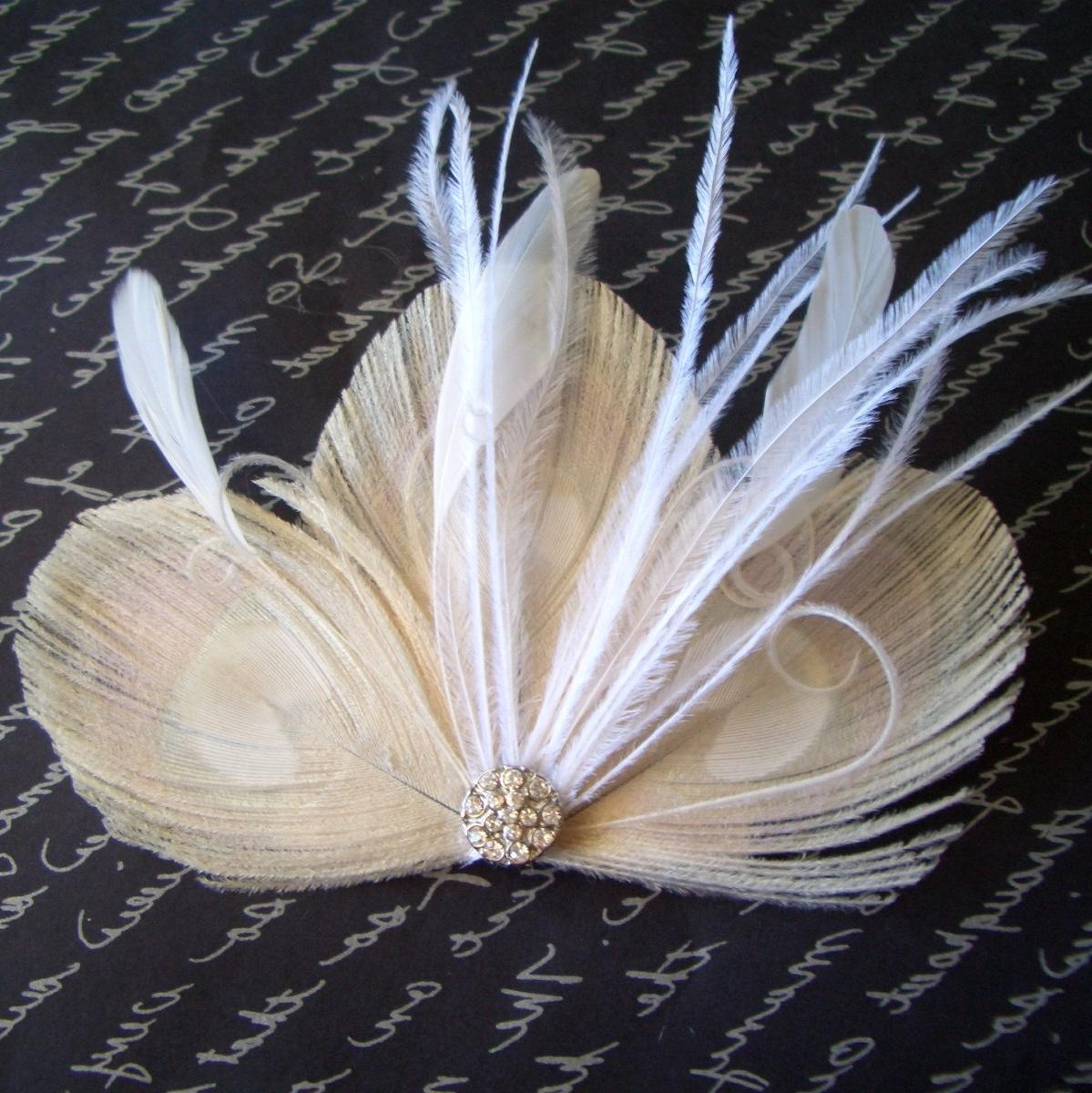 LEAH - Ivory Peacock Feather Bridal Clip with White or Ivory Accents