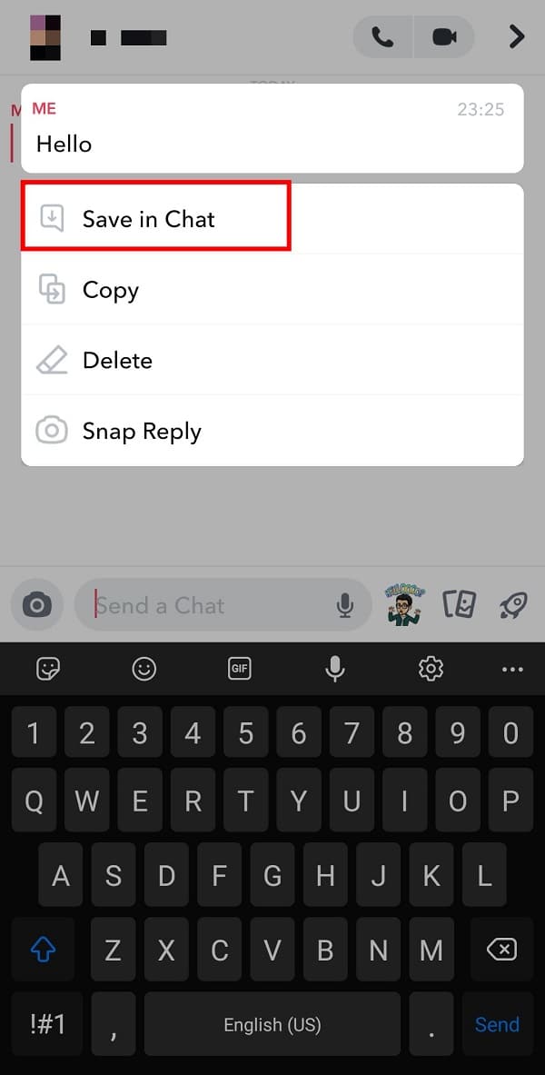 Nhấn vào Lưu trong trò chuyện để lưu vĩnh viễn cuộc trò chuyện này trên Snapchat. 